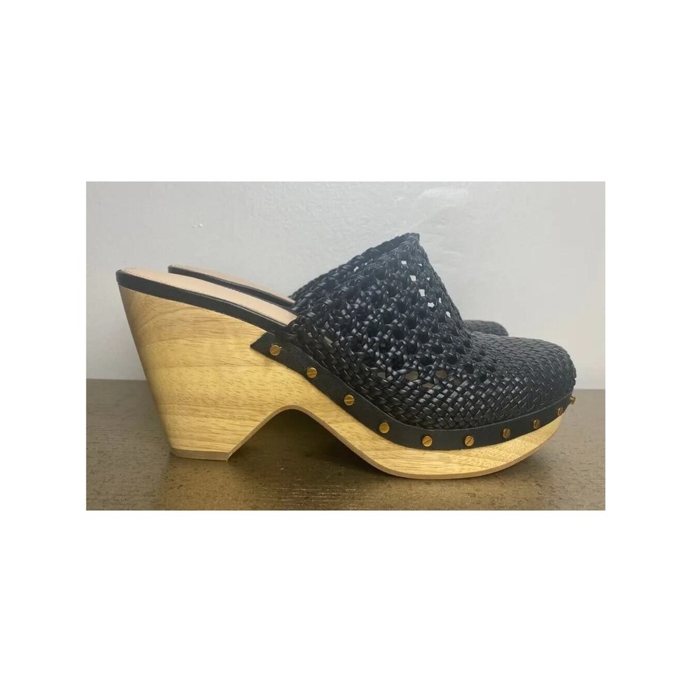 Veronica Beard Clog Mules 10 Black Woven Leather Studded Wood Heel Hardie Indie